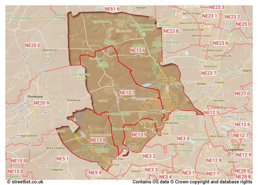 map showing postcode sectors within the NE13 district