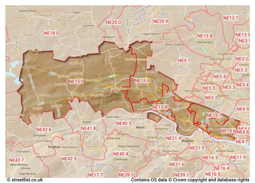 map showing postcode sectors within the NE15 district