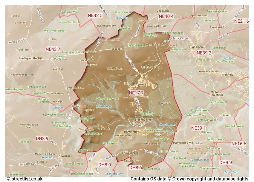 map showing postcode sectors within the NE17 district