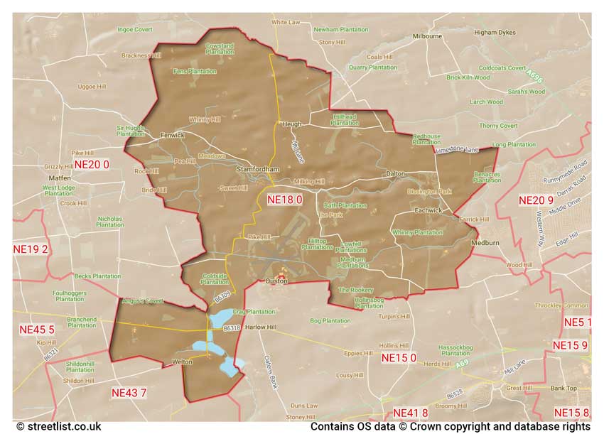 map showing postcode sectors within the NE18 district