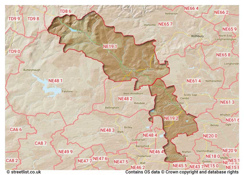 map showing postcode sectors within the NE19 district