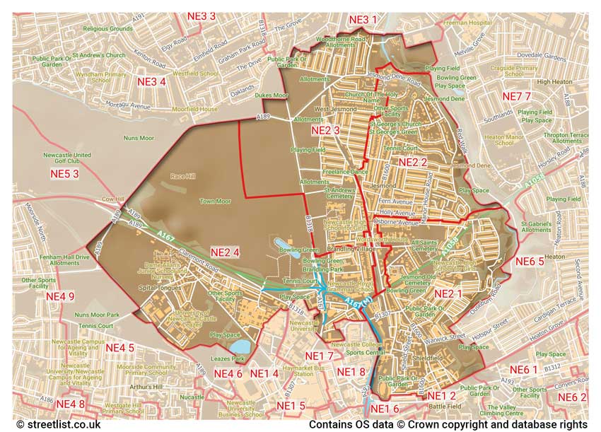 map showing postcode sectors within the NE2 district