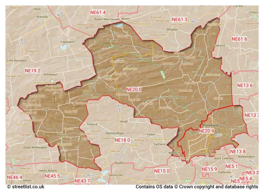 map showing postcode sectors within the NE20 district