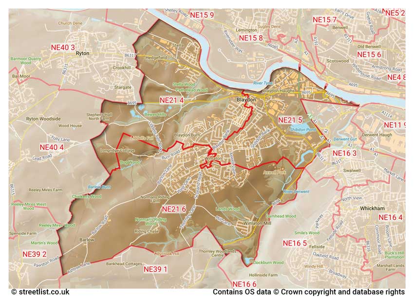 map showing postcode sectors within the NE21 district