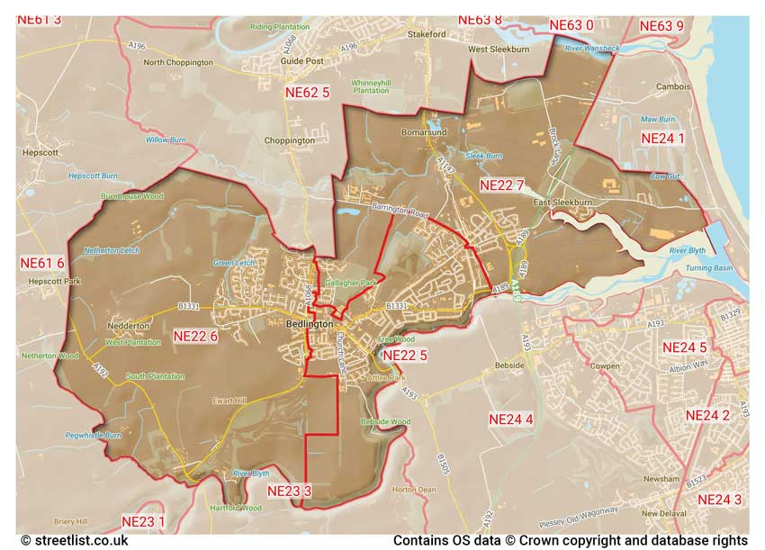 map showing postcode sectors within the NE22 district