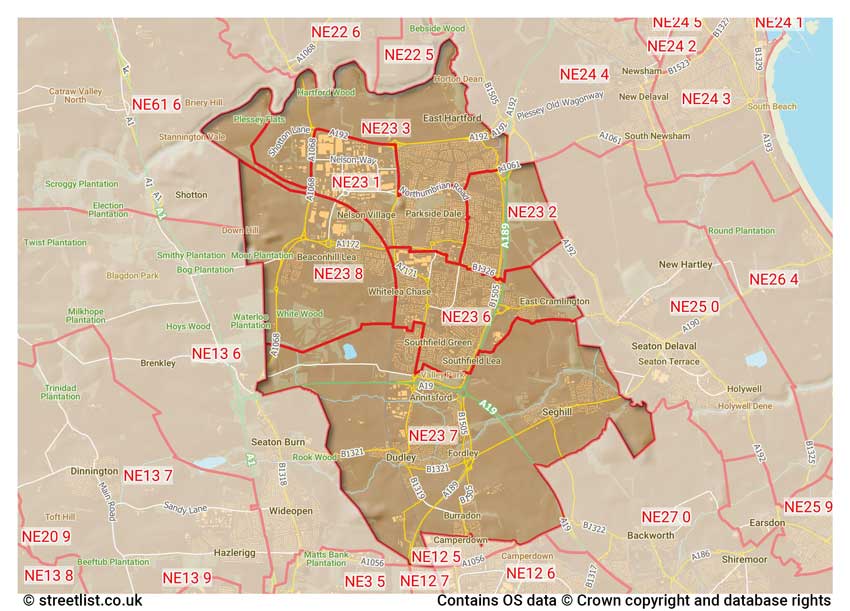 map showing postcode sectors within the NE23 district