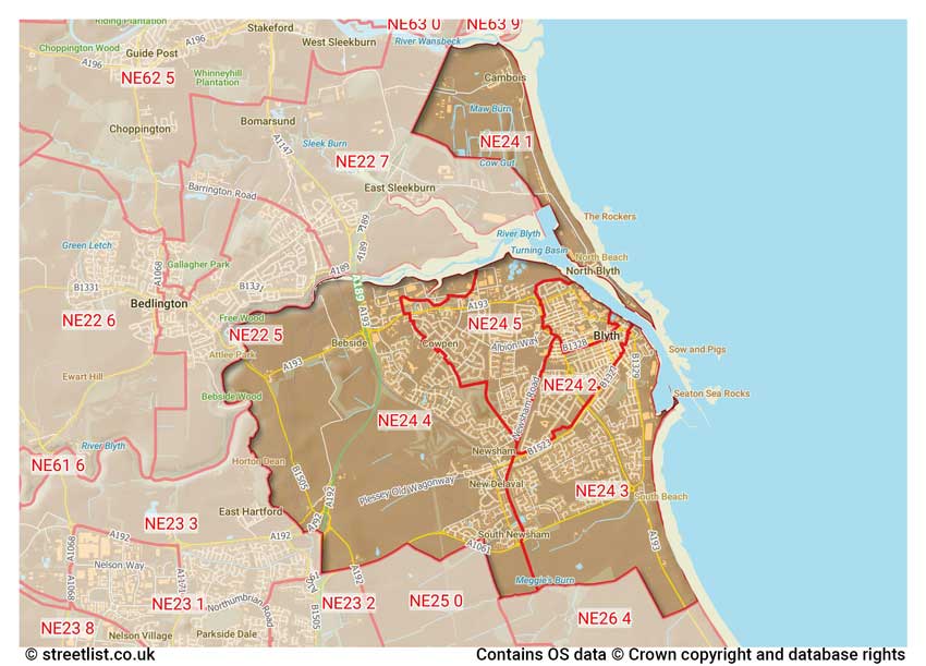 map showing postcode sectors within the NE24 district