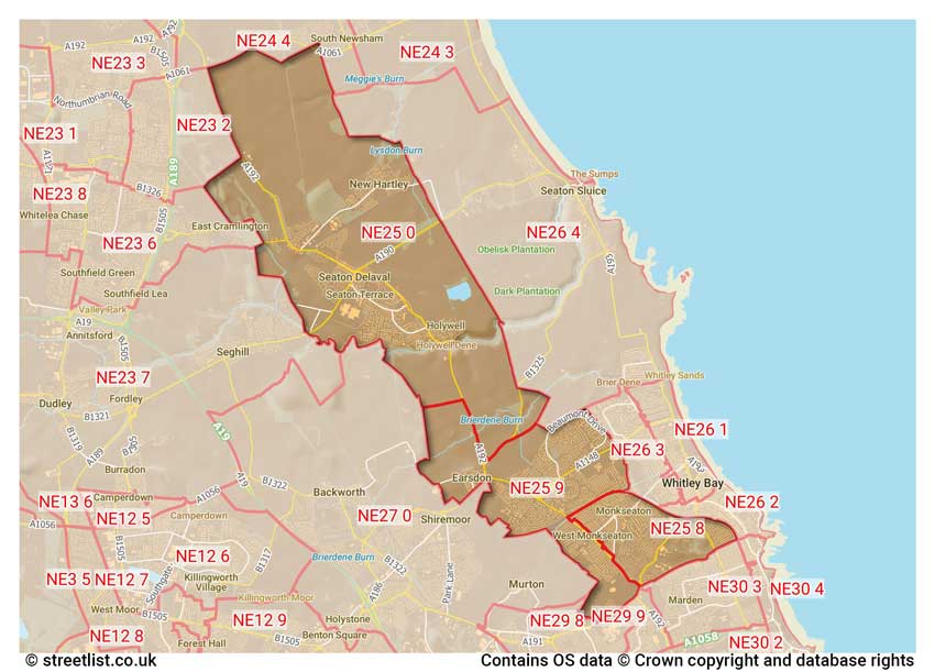 map showing postcode sectors within the NE25 district