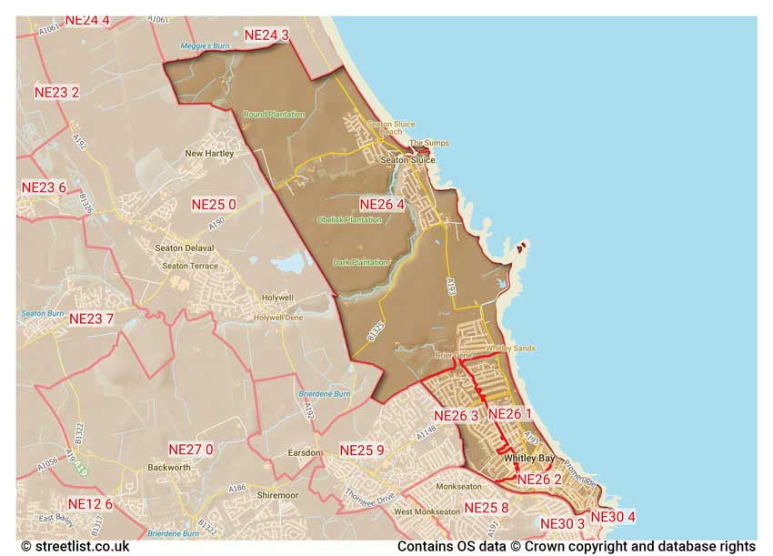 map showing postcode sectors within the NE26 district