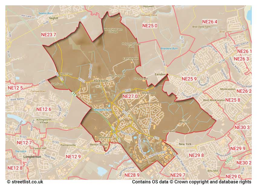 map showing postcode sectors within the NE27 district