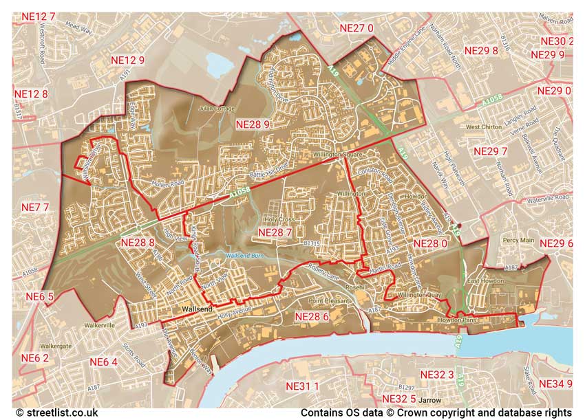 map showing postcode sectors within the NE28 district