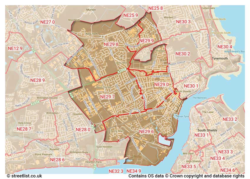 map showing postcode sectors within the NE29 district