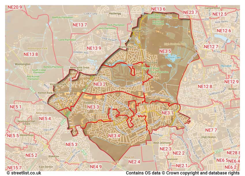 map showing postcode sectors within the NE3 district