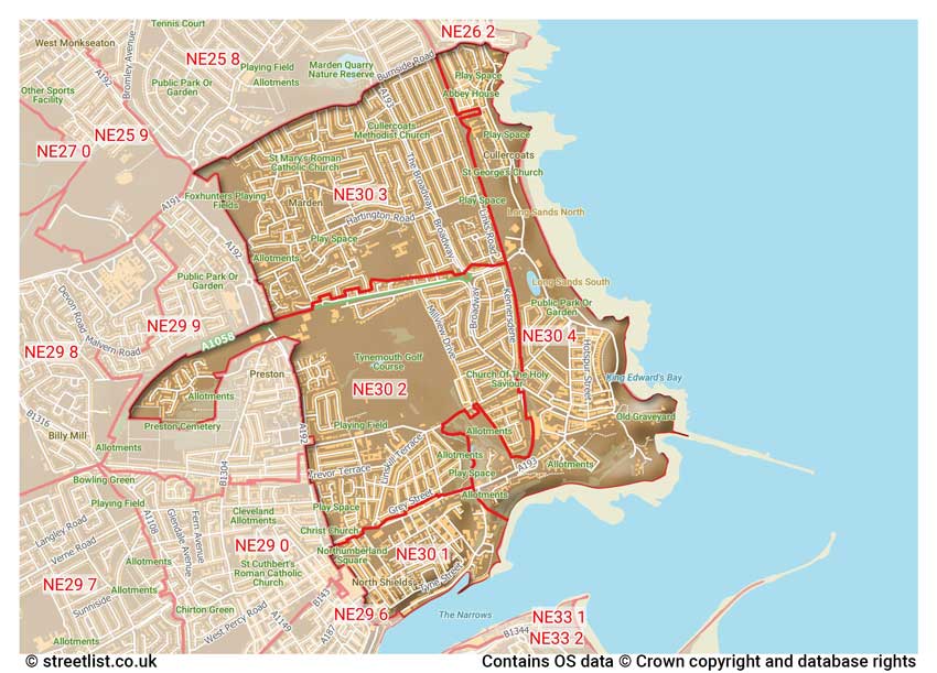 map showing postcode sectors within the NE30 district