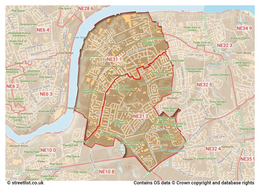 map showing postcode sectors within the NE31 district