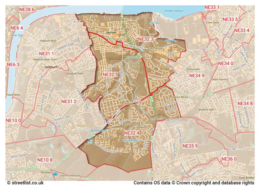 map showing postcode sectors within the NE32 district