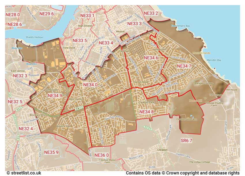 map showing postcode sectors within the NE34 district