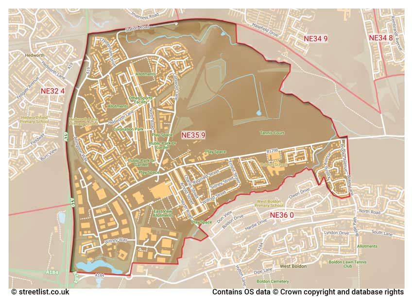 map showing postcode sectors within the NE35 district