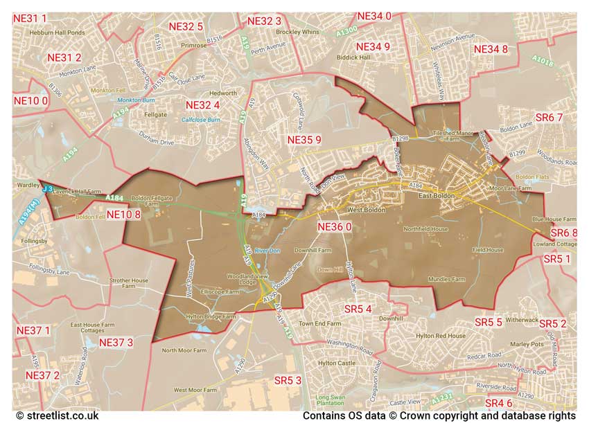 map showing postcode sectors within the NE36 district