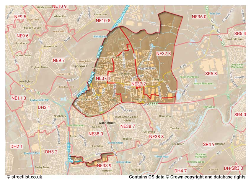 map showing postcode sectors within the NE37 district