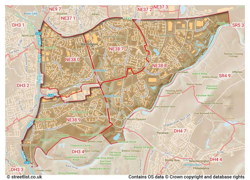 map showing postcode sectors within the NE38 district