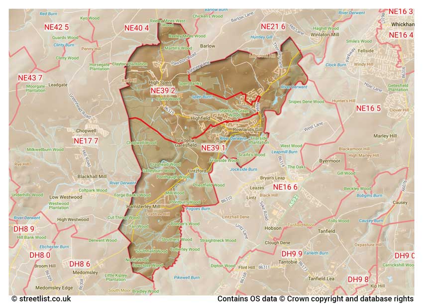 map showing postcode sectors within the NE39 district