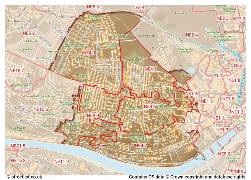 map showing postcode sectors within the NE4 district