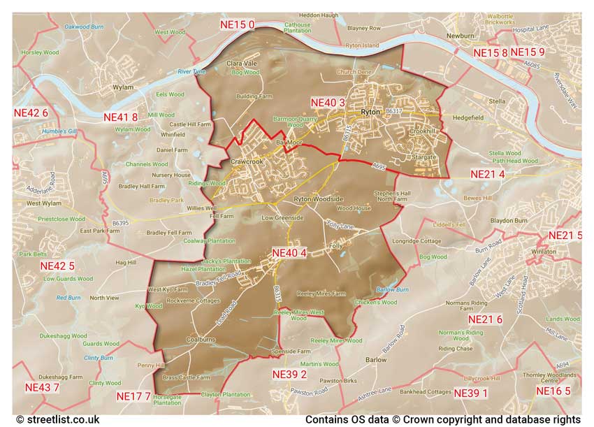 map showing postcode sectors within the NE40 district