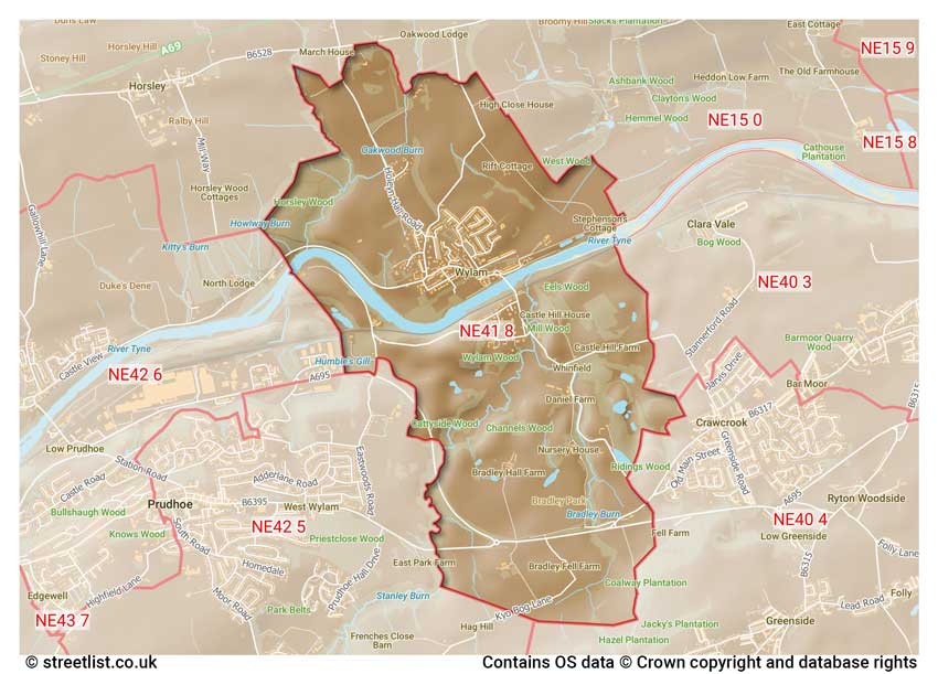 map showing postcode sectors within the NE41 district