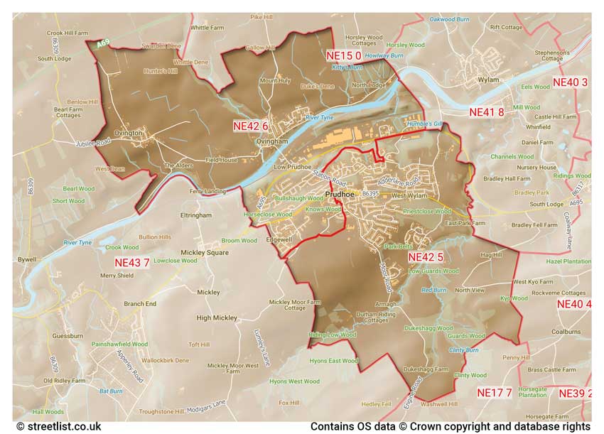 map showing postcode sectors within the NE42 district