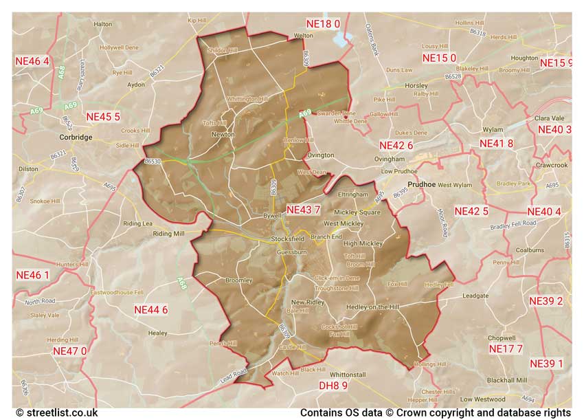 map showing postcode sectors within the NE43 district