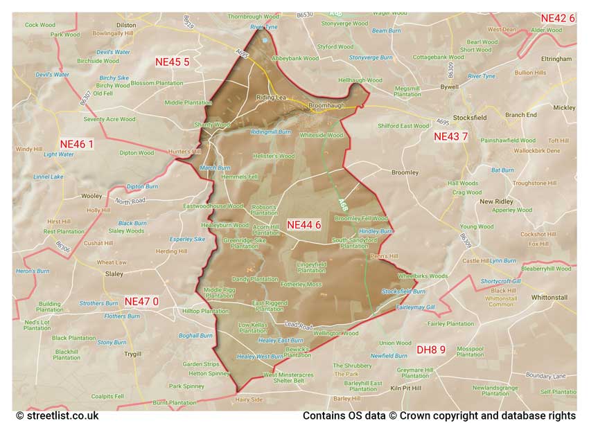 map showing postcode sectors within the NE44 district