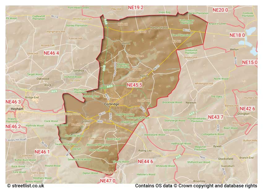 map showing postcode sectors within the NE45 district