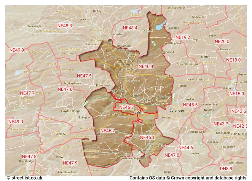 map showing postcode sectors within the NE46 district