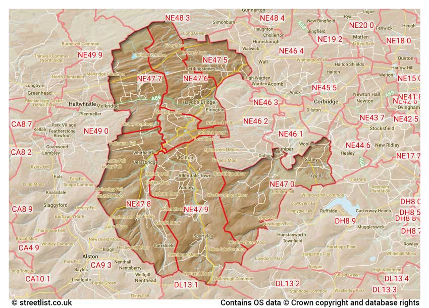 map showing postcode sectors within the NE47 district