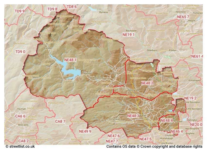 map showing postcode sectors within the NE48 district