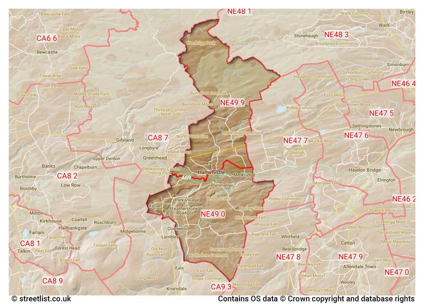 map showing postcode sectors within the NE49 district