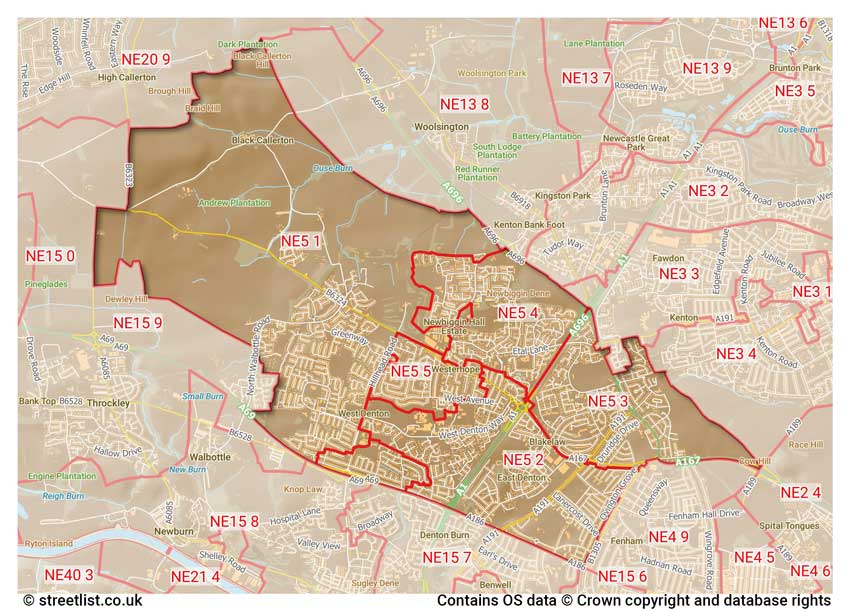 map showing postcode sectors within the NE5 district