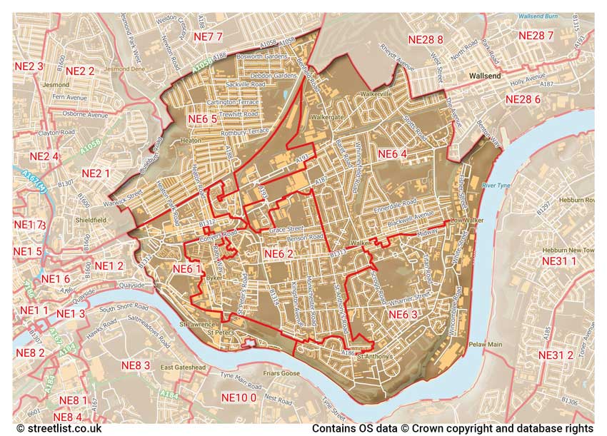 map showing postcode sectors within the NE6 district