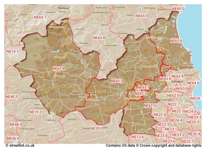 map showing postcode sectors within the NE61 district