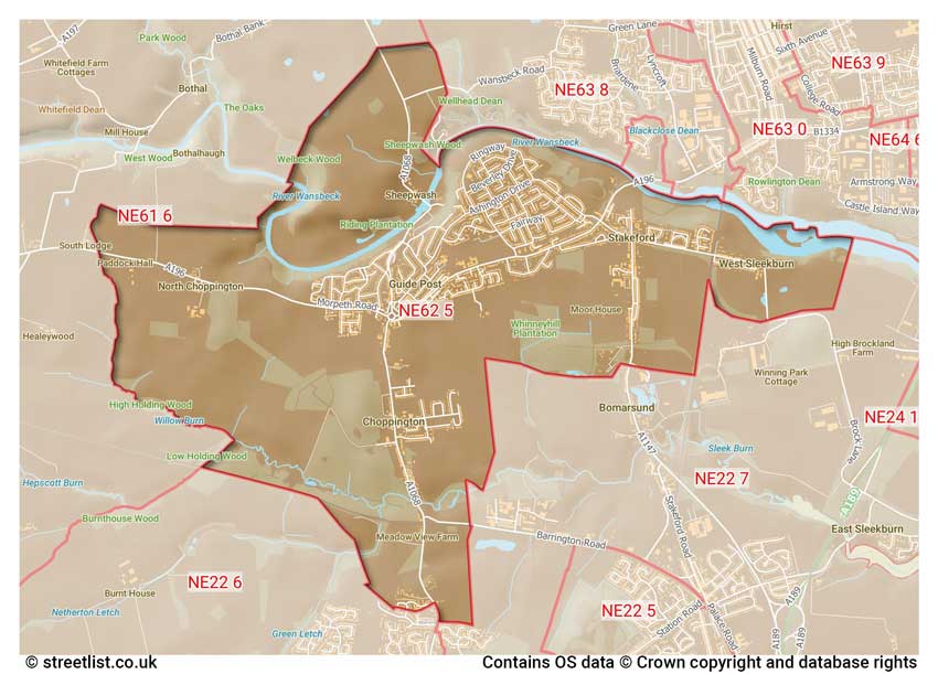 map showing postcode sectors within the NE62 district