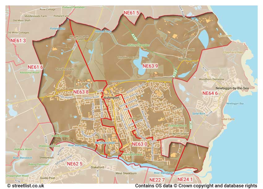 map showing postcode sectors within the NE63 district