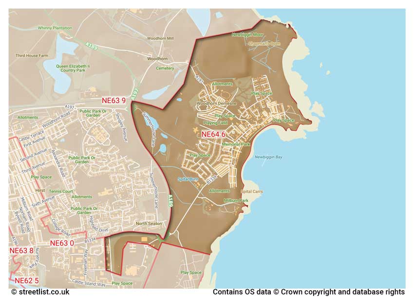 map showing postcode sectors within the NE64 district