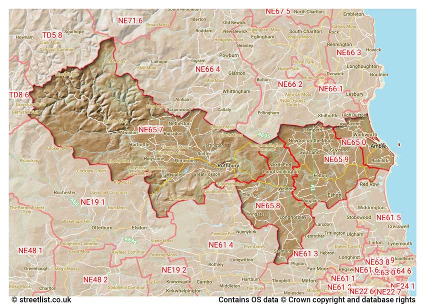 map showing postcode sectors within the NE65 district