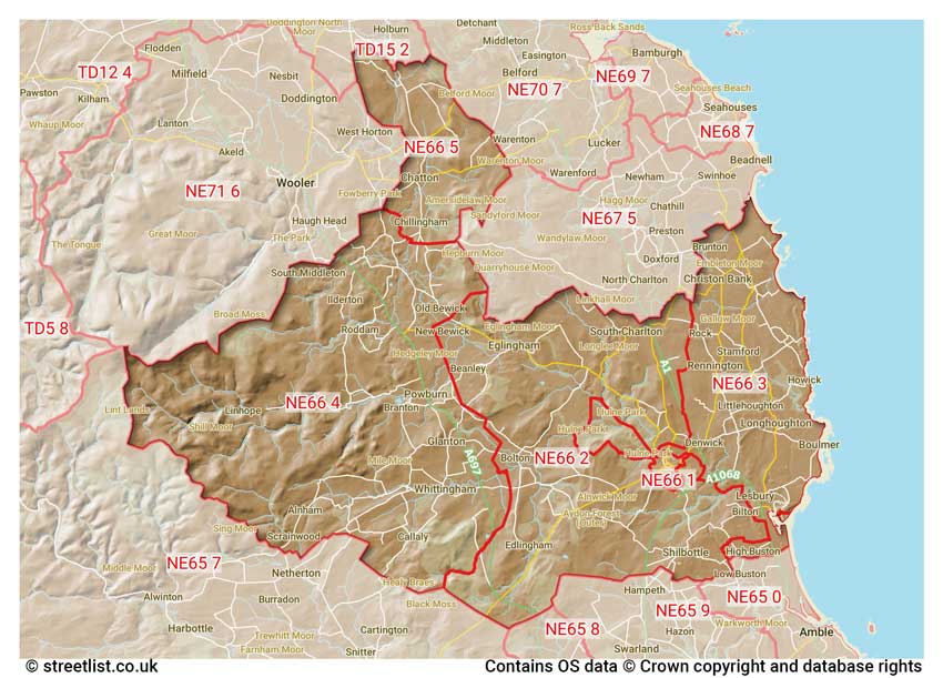 map showing postcode sectors within the NE66 district