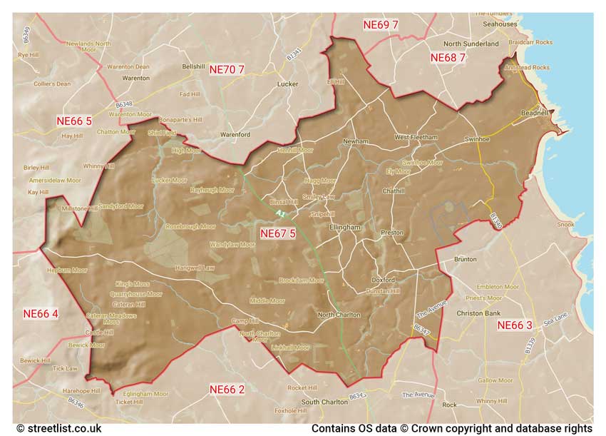 map showing postcode sectors within the NE67 district