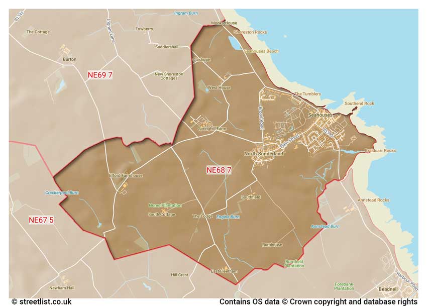 map showing postcode sectors within the NE68 district