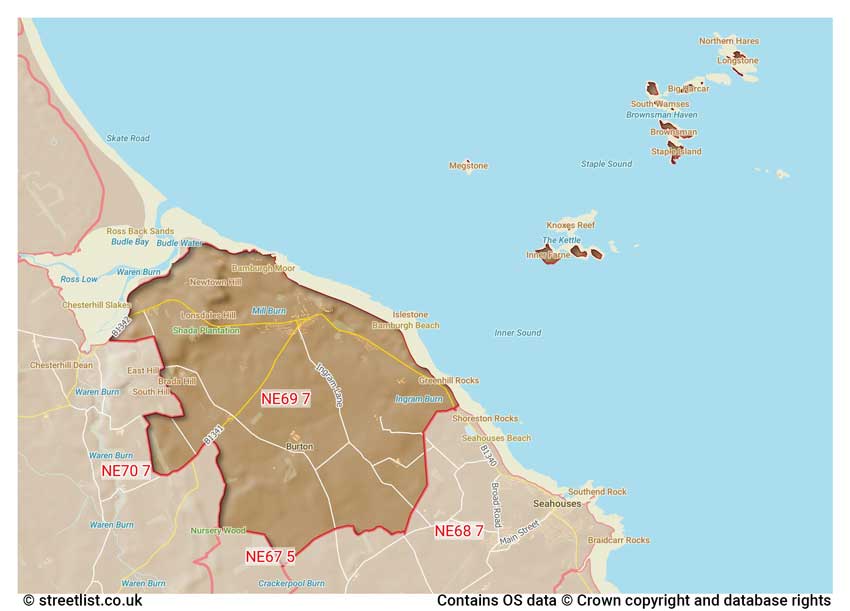 map showing postcode sectors within the NE69 district