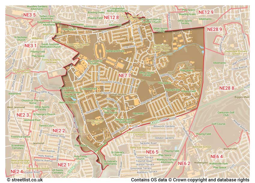 map showing postcode sectors within the NE7 district