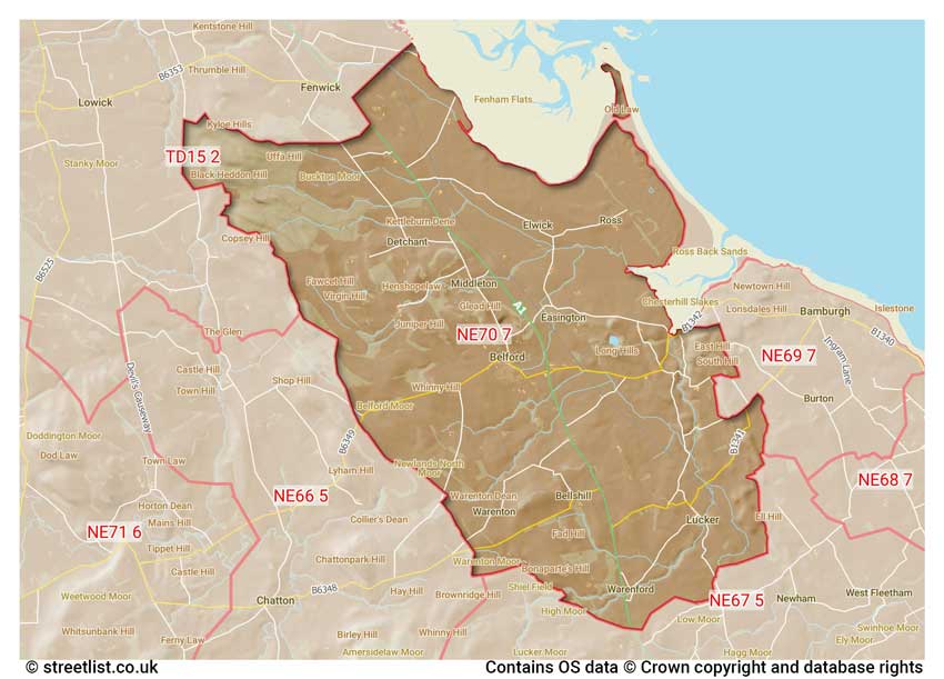 map showing postcode sectors within the NE70 district